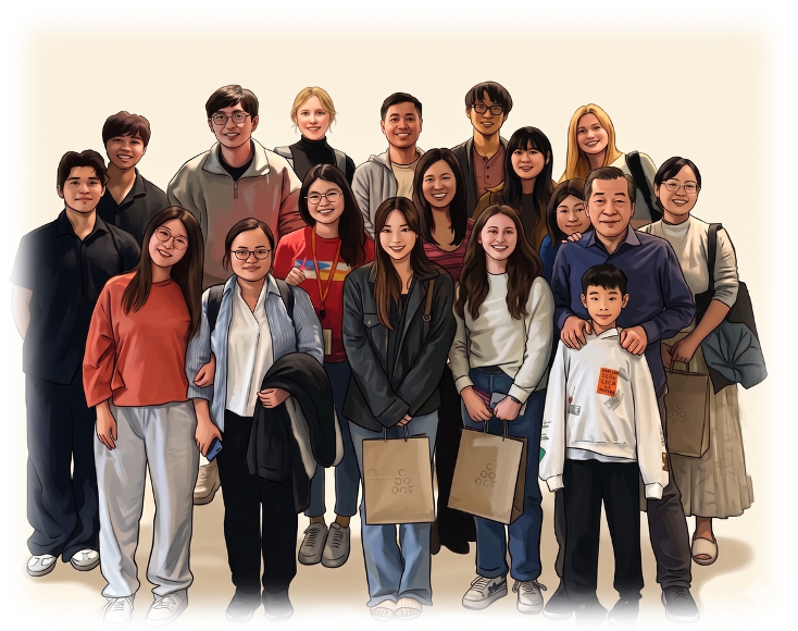 Illustrated group portrait of diverse people standing together, smiling and holding shopping bags